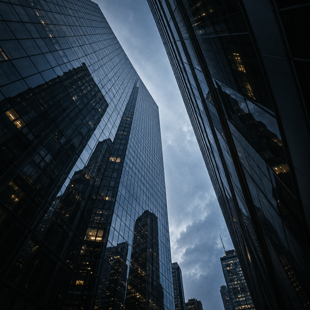 Glass towers against the evening sky
