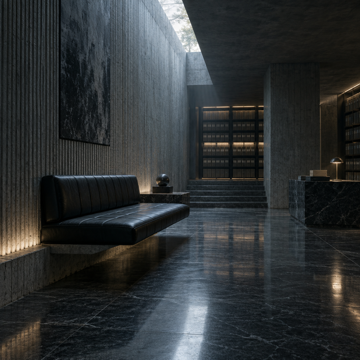 Quiet concrete archive lounge